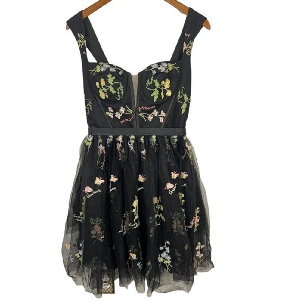 Floral Embroidered Tulle Dress Black Corset Lace Up Back Small Romantic Goth